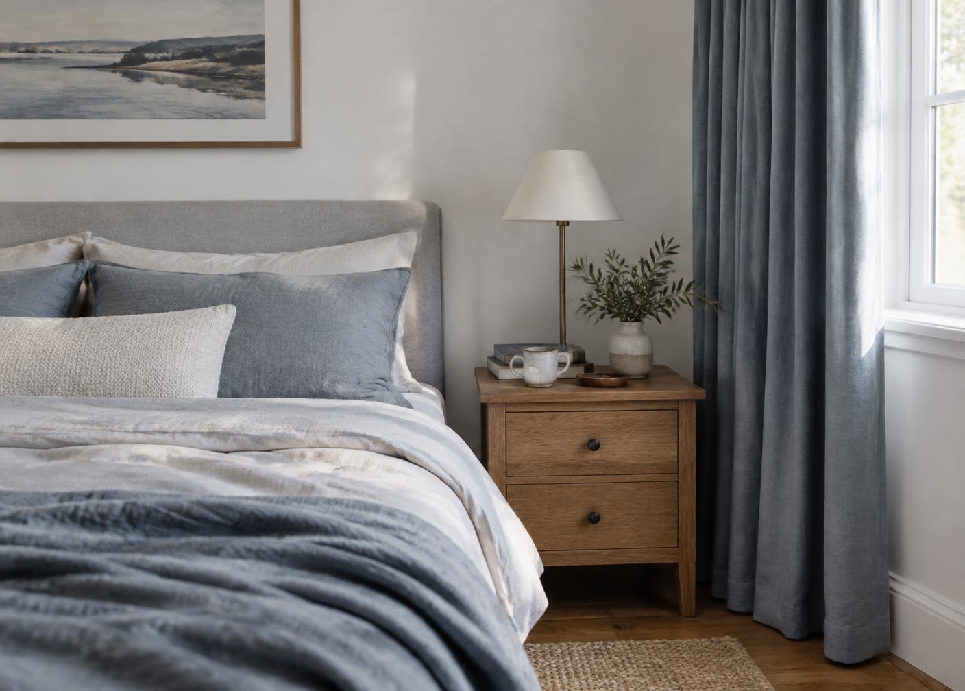 Dormitorio luminoso con cortinas, visillos y ropa de cama
