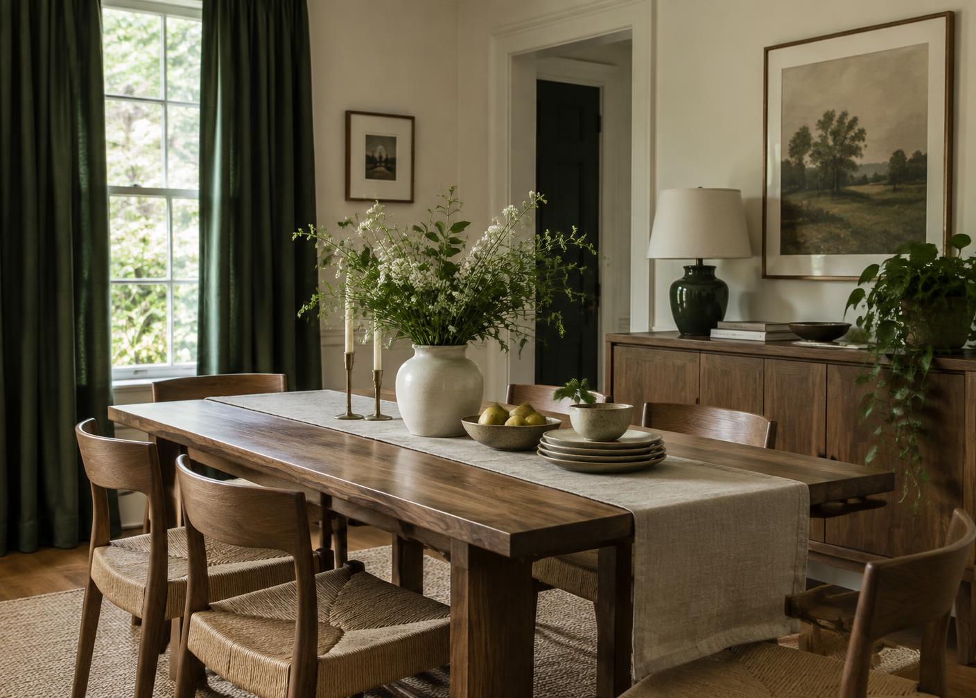 Comedor mediterráneo con estor y mantel de lino